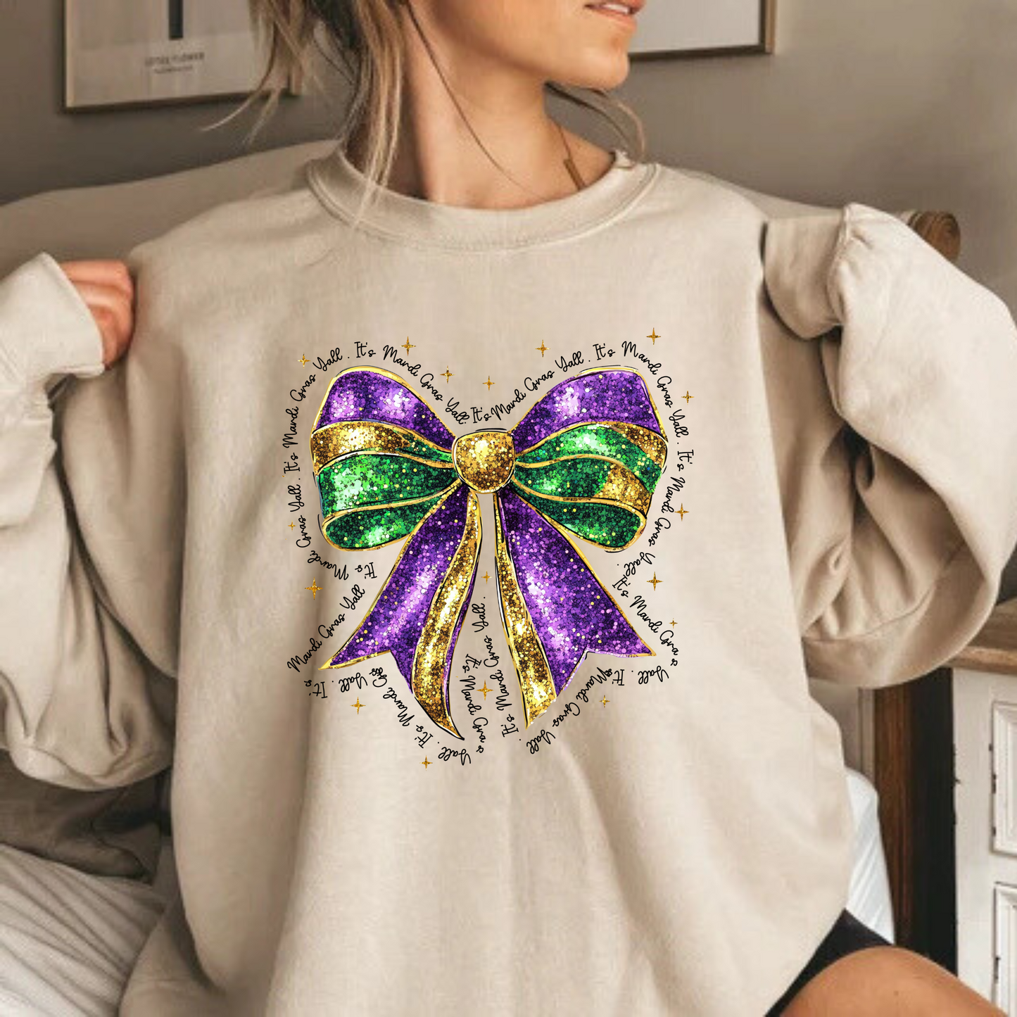 Faux Glitter Mardi Gras Bow with wording